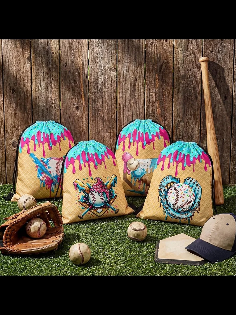 Kids Baseball Drawstring Backpack - Ice Cream Baseball Design *PLEASE READ*